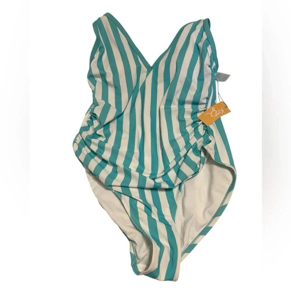 NWT Kona Sol Aqua and White Striped One Piece Swimsuit